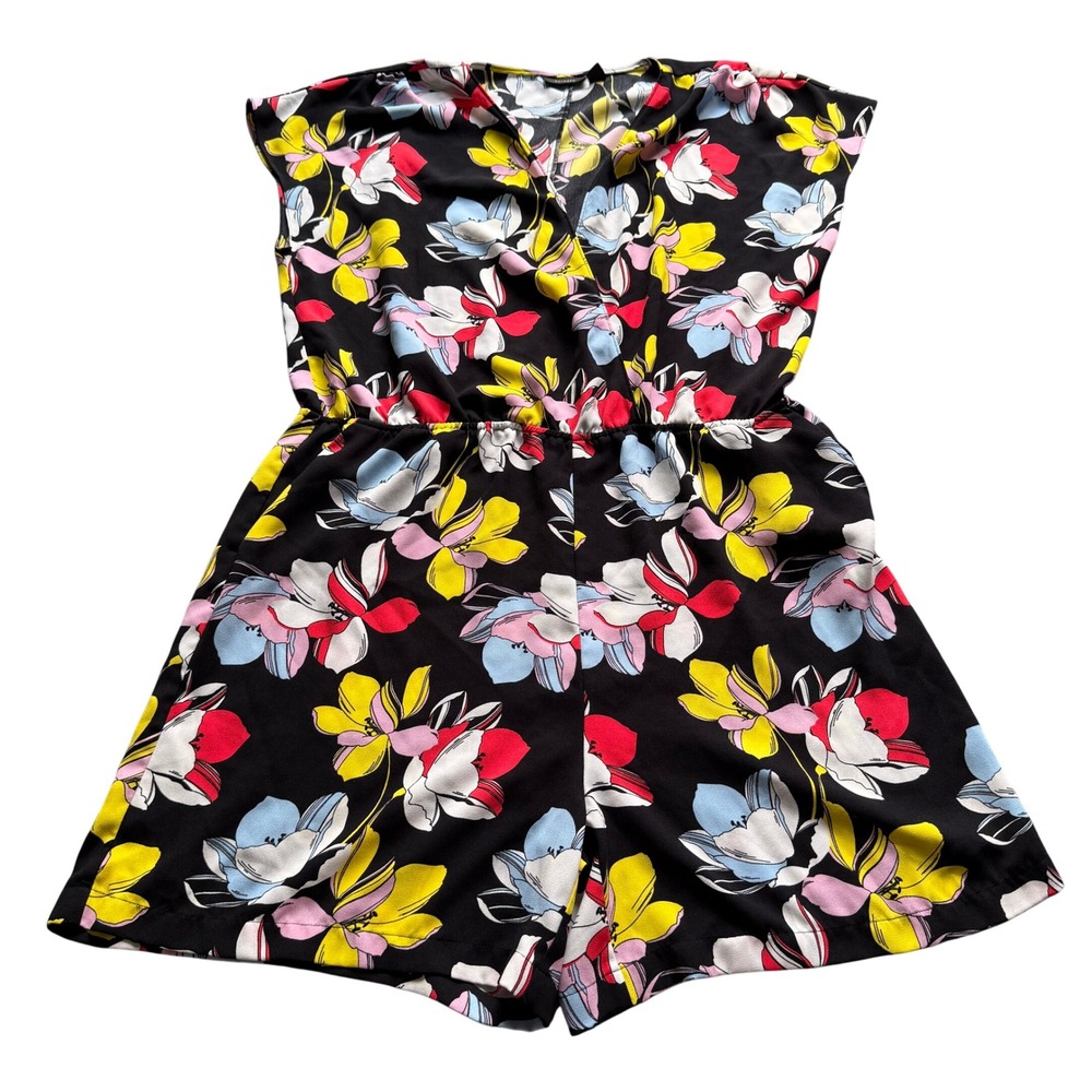 Halogen Floral V-Neck Elastic Waist Romper Black Multi XL